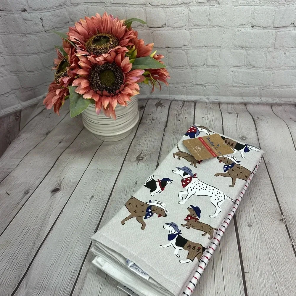NWT truly lou americana cotton kitchen towel set of 3 with dogs in cowboy hats